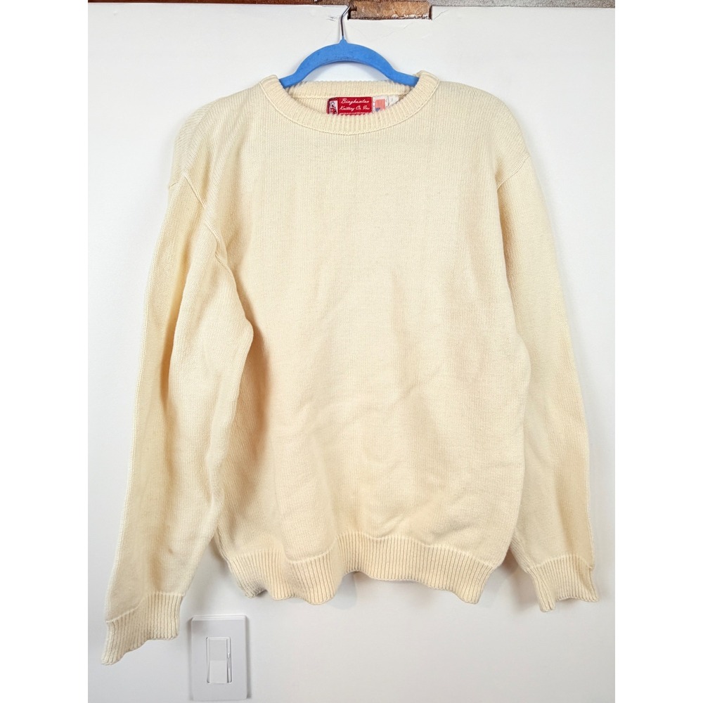 Binghamton Knitting Co Mens Cream Cotton Crewneck Sweater Made in USA‎ Medium